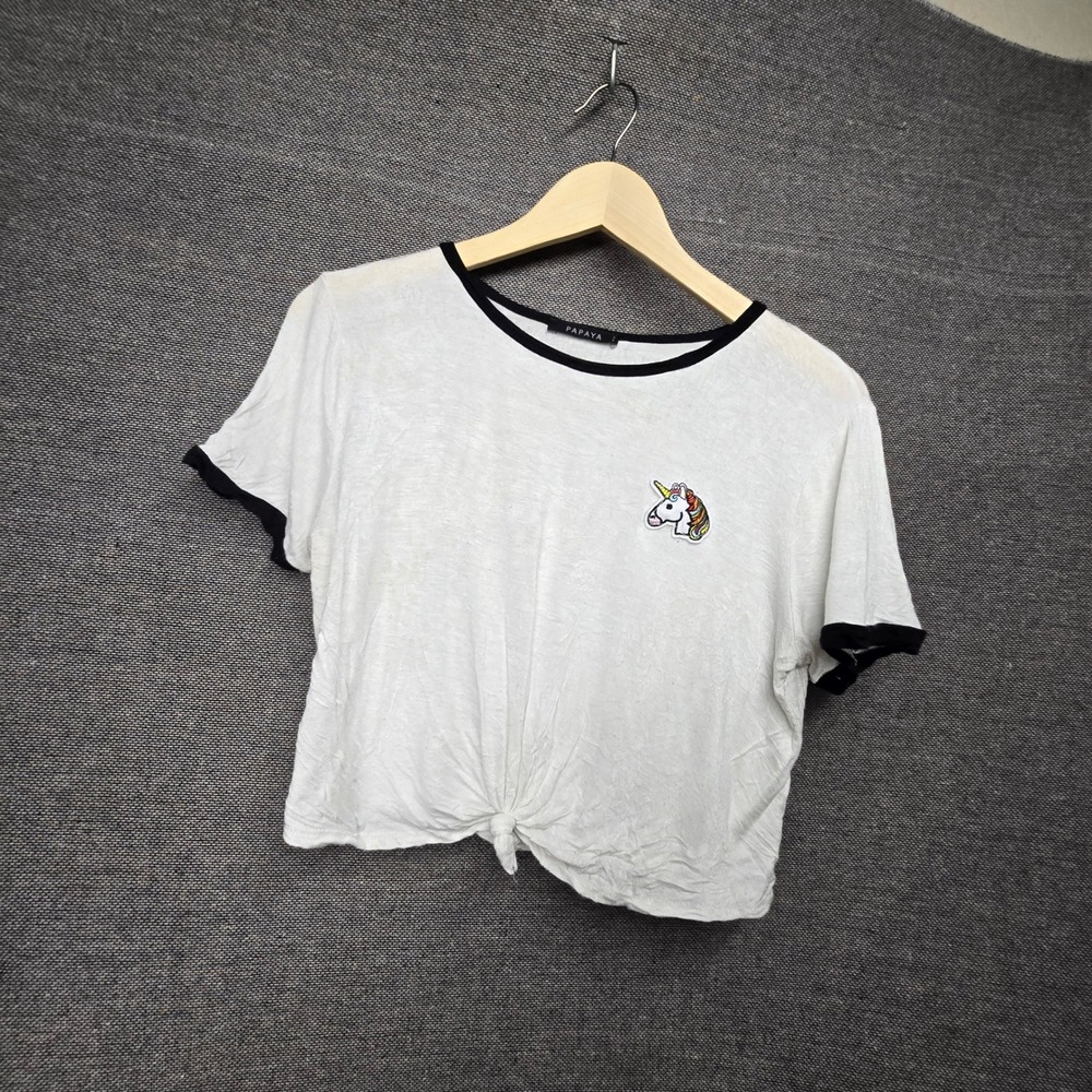 Papaya Womens White Unicorn Patch Front Tie Ringer Crop Top Tee S